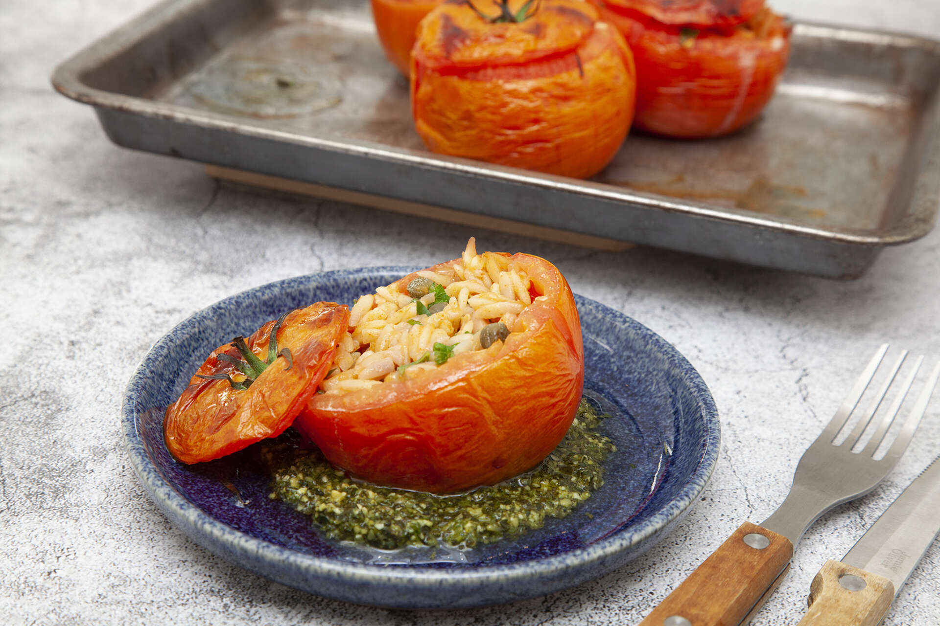 Stuffed Tomatoes with Garlicky Orzo